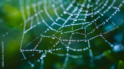 A macro shot of dewdrops on a spider's web