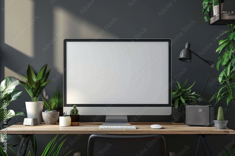 Workspace with mockup blank screen laptop computer. ai generated