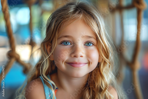 portrait of a happy white child preschooler girl kid on a playground in summer