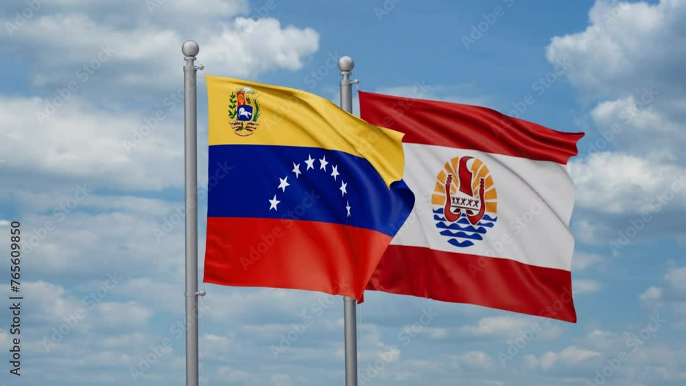 French Polynesia and Venezuela two flags waving together, looped video, two country relations concept French Polynesia and Venezuela two flags waving together, looped video, two country relations concept