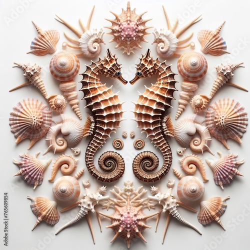 Marine Elegance: Detailed Seahorses Amidst a Collection of Exquisite Shells.  image’s content and style, emphasizing its suitability for themes related to marine life and natural beauty. photo