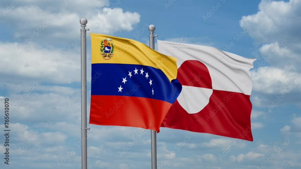 Greenland and Venezuela two flags waving together, looped video, two country relations concept Greenland and Venezuela two flags waving together, looped video, two country relations concept