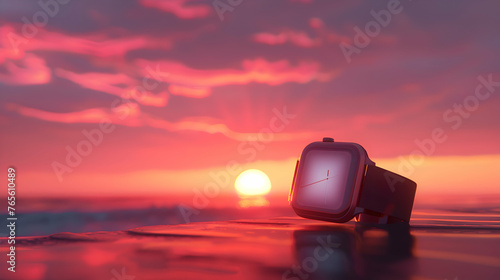 A minimalist smartwatch against a vibrant sunset photo