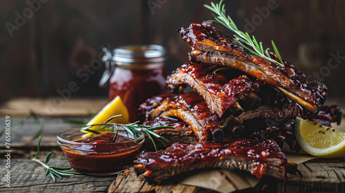 Hearty, glazed BBQ ribs stacked high on a rustic wooden table, served with a side of tangy barbecue sauce and fresh lemon. 