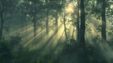 A misty forest with sunlight streaming through the trees