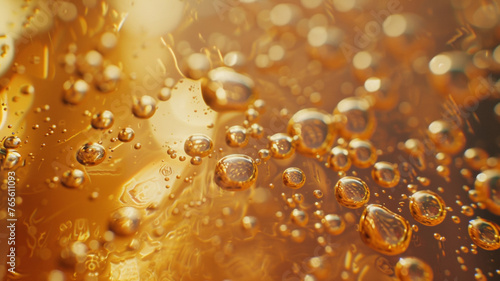 Macro shot of gold bubbles, abstract and luxurious fluid texture.