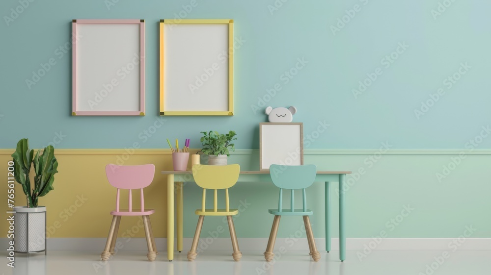 Natural, bright kid's bedroom interior with wooden furniture, poster frame mockup Natural, bright kid's bedroom interior with wooden furniture, poster frame mockup