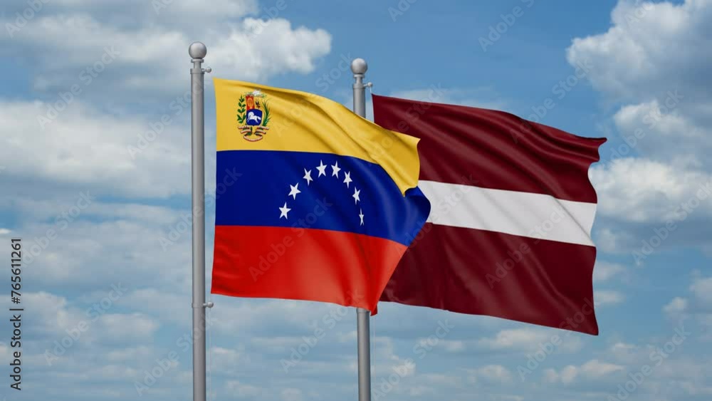 Latvia and Venezuela two flags waving together, looped video, two country cooperation concept Latvia and Venezuela two flags waving together, looped video, two country cooperation concept