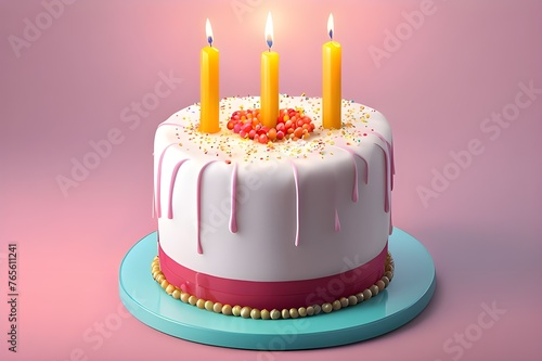 Birthday cake illustration on soft background.3D concept