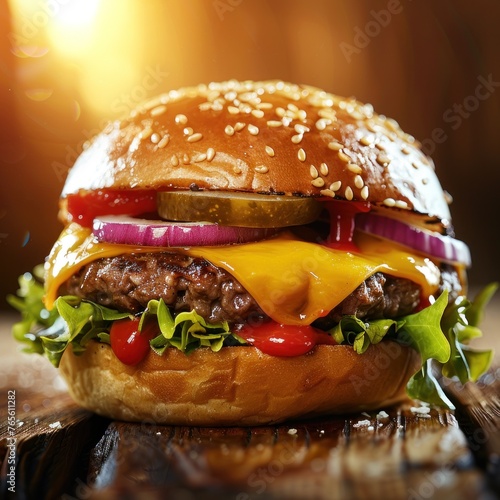 Juicy cheeseburger on wooden table
