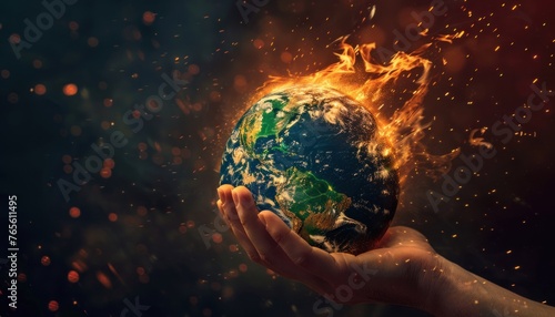 A symbolic image portraying a hand holding a burning globe against a dark background