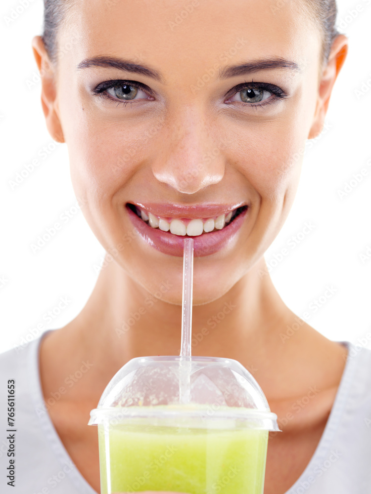 Woman, portrait and smoothie for drinking in studio, nutrition and smile for taste on white background. Happy female person, diet and milkshake for weight loss or detox, minerals and organic fiber Woman, portrait and smoothie for drinking in studio, nutrition and smile for taste on white background. Happy female person, diet and milkshake for weight loss or detox, minerals and organic fiber