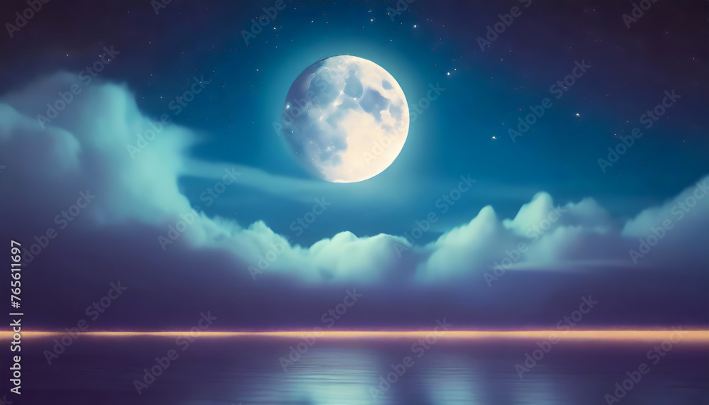 Night sky with full bright moon in the clouds