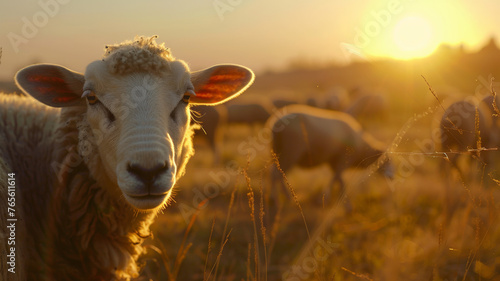 A serene sheep bathes in the golden hue of a setting sun on a tranquil farm.