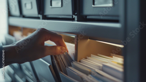 Close-up of an organized filing system with a hand selecting a folder in an office.