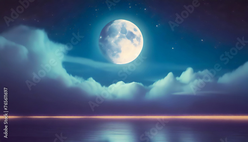 Night sky with full bright moon in the clouds