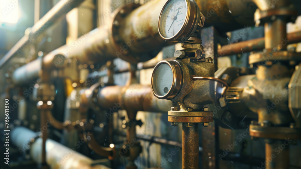 Fototapeta premium Intricate network of industrial pipes and gauges revealing complex engineering.