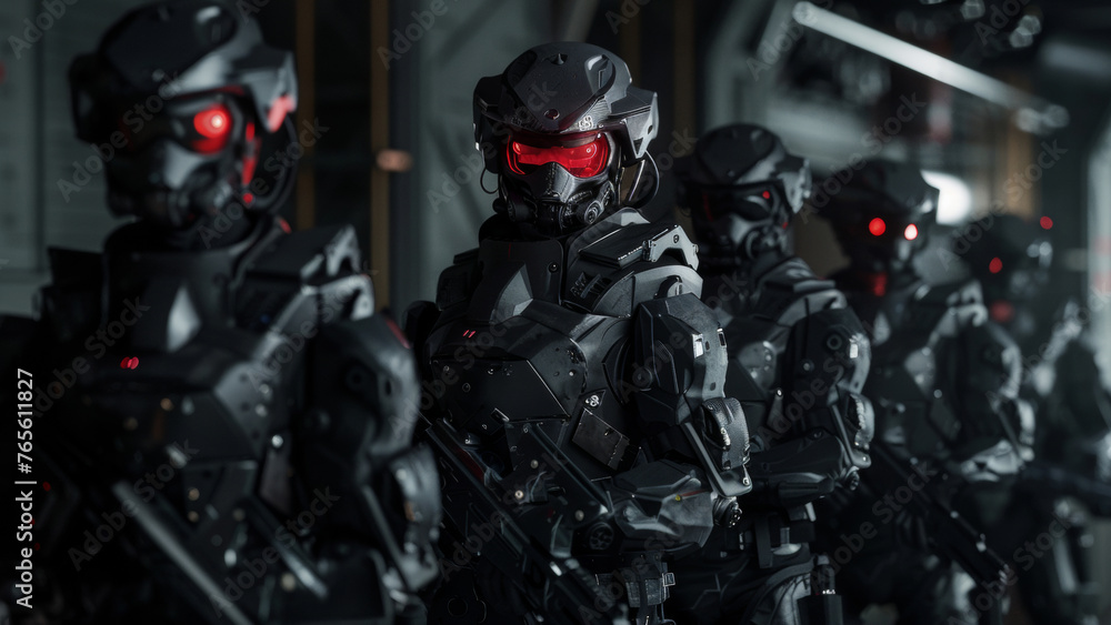 Imposing squad of futuristic soldiers with glowing red visors in a dark, dystopian setting.