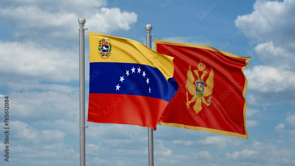 Montenegro and Venezuela two flags waving together, looped video, two country cooperation concept Montenegro and Venezuela two flags waving together, looped video, two country cooperation concept
