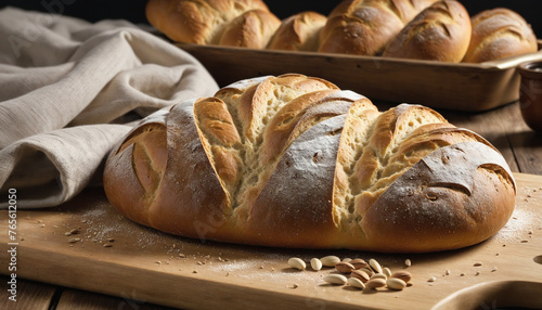 Fresh homemade breads made with sourdough on a wooden board