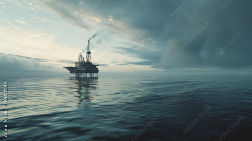 Offshore oil rig stands alone against a tranquil sea.