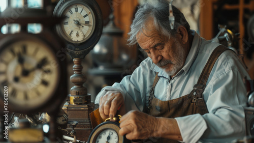 An artisan clockmaker engrossed in time-honored craftsmanship. photo