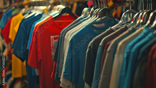 Colorful array of t-shirts hanging on a market rack, invoking a shopper's paradise.