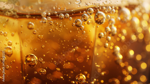 Close-up of effervescent bubbles in amber liquid, capturing the essence of refreshment.