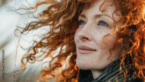 A woman with fiery red curls gazes into the distance, lost in a moment of reflection.