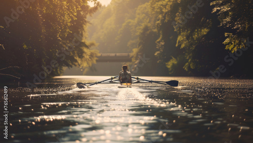 Solitary rower glides through misty golden waters at dawn, embracing tranquil solitude. © VK Studio