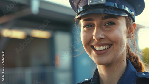 Confident policewoman with a friendly smile, serving with pride.