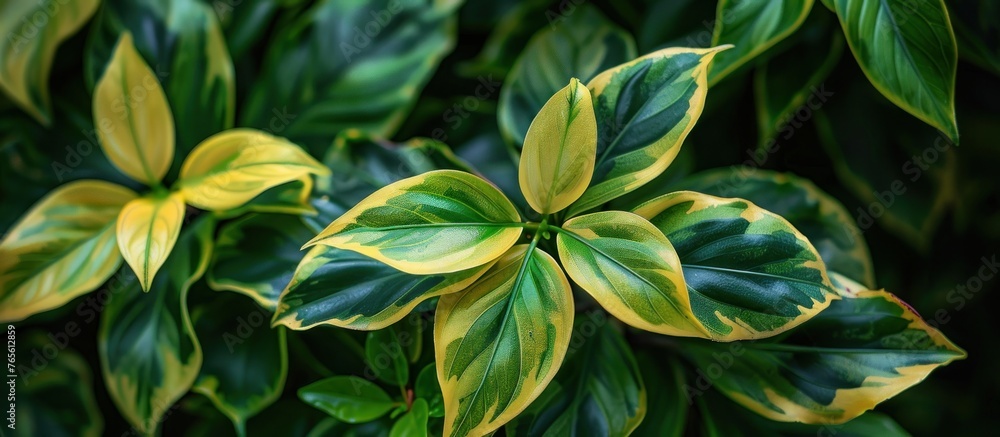 A detailed view of a tropical plant showcasing bright green and yellow colors. A detailed view of a tropical plant showcasing bright green and yellow colors.
