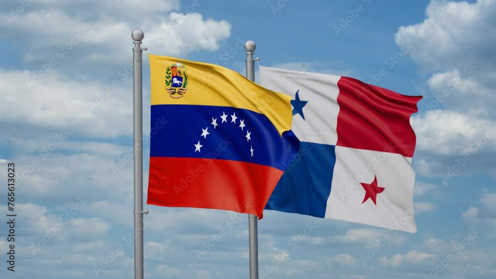 Panama and Venezuela two flags waving together, looped video, two country relations concept Panama and Venezuela two flags waving together, looped video, two country relations concept