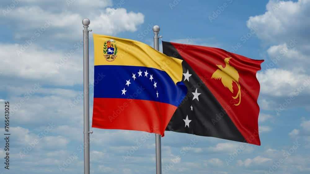 Papua New Guinea and Venezuela two flags waving together, looped video, two country relations concept Papua New Guinea and Venezuela two flags waving together, looped video, two country relations concept