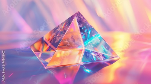 A pyramid made of colorful glass, threedimensional effect, light reflection and refraction effects, gradient background