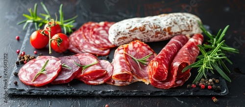 A variety of sliced salami sausages, accompanied by fresh tomatoes, arranged on a slate platter.