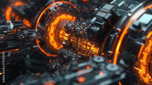 Futuristic machine core glowing with intricate mechanical complexity and energy.