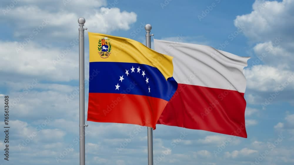 Poland and Venezuela two flags waving together, looped video, two country cooperation concept Poland and Venezuela two flags waving together, looped video, two country cooperation concept