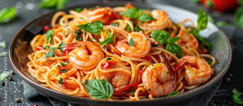 A plate filled with delicious pasta topped with succulent shrimp and fresh basil leaves.
