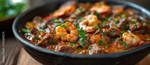 Close-up view of a black bowl filled with a savory stew containing shrimp and vegetables.