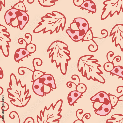 Seamless vector pattern with cute ladybugs on pink background. Simple hand drawn bug and leaf wallpaper design. Decorative happy baby fashion textile.