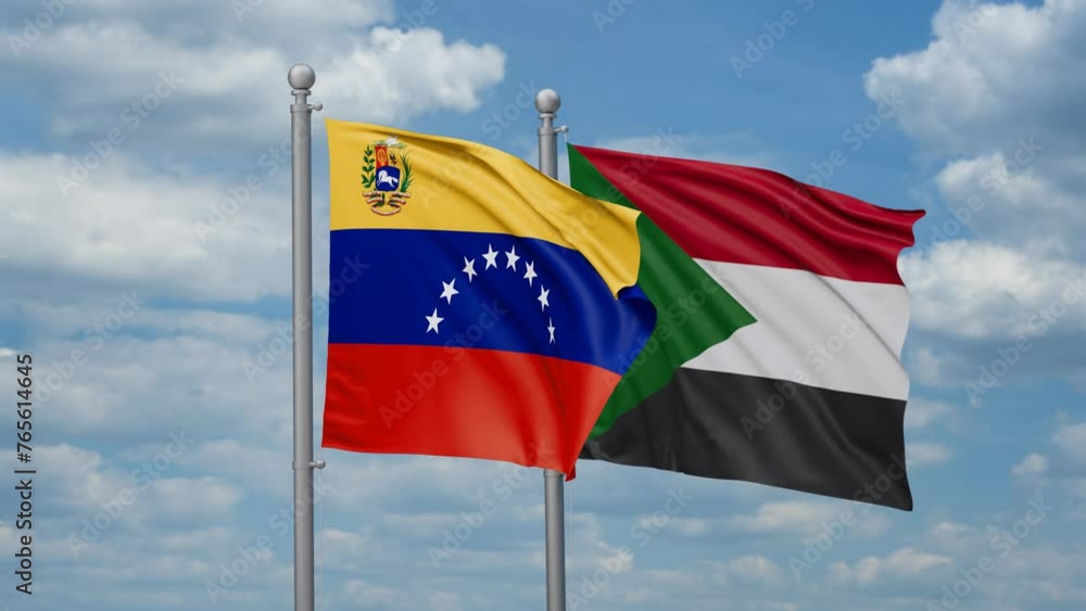 Sudan and Venezuela two flags waving together, looped video, two country cooperation concept Sudan and Venezuela two flags waving together, looped video, two country cooperation concept