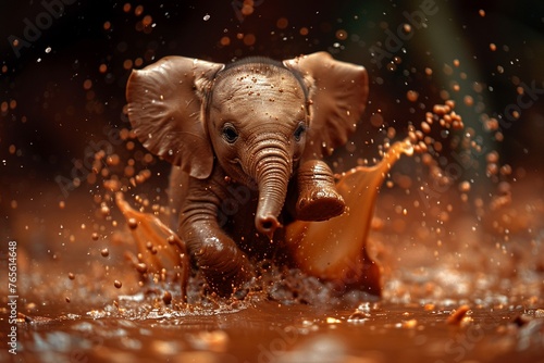 A baby elephant splashing in a chocolate pudding puddle with marshmallow flowers