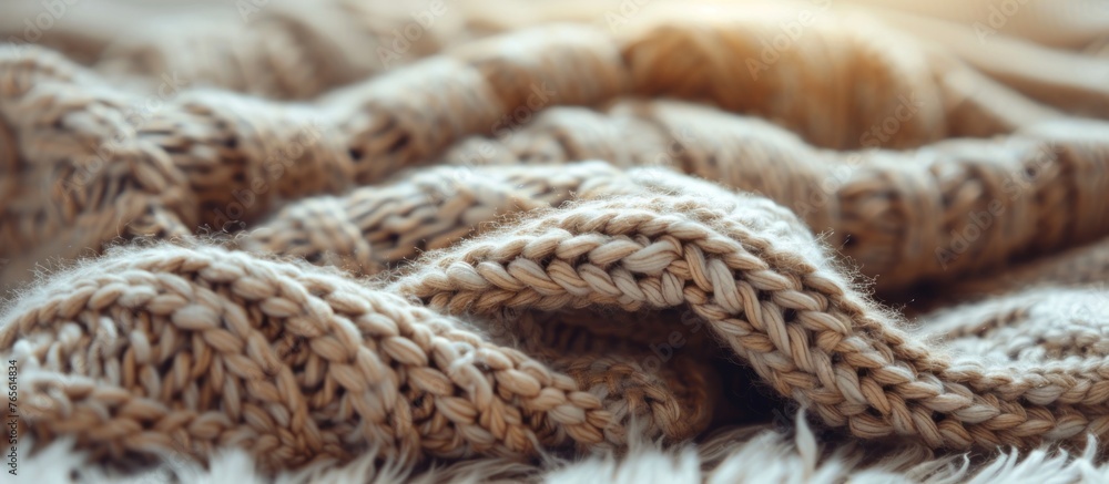 A detailed close-up of a cozy knitted blanket with a knot on it, showcasing the intricate texture and design. A detailed close-up of a cozy knitted blanket with a knot on it, showcasing the intricate texture and design.