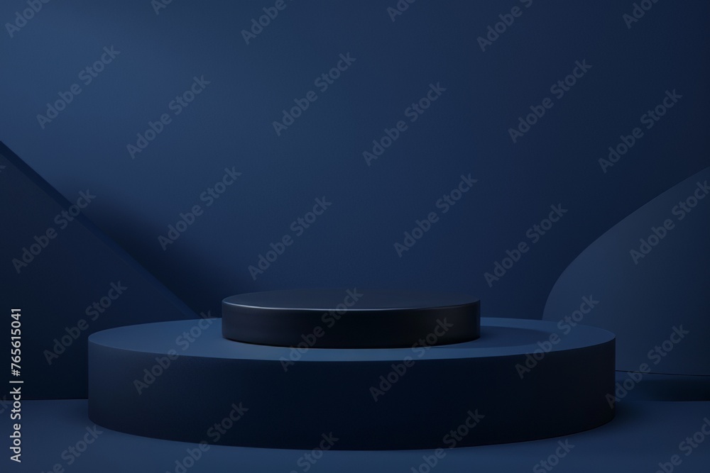 Fototapeta premium This product branding shot shows a cylindrical platform against a dark blue background. Realistic with natural light to create contrast