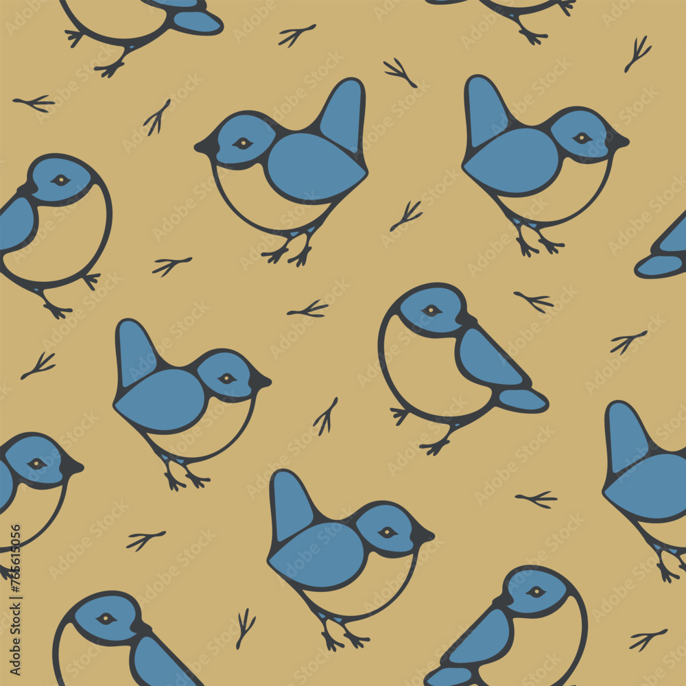 Seamless vector pattern with bluebirds on yellow background. Simple cute tomtit wallpaper design. Decorative bird fashion textile.