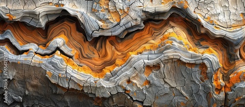 Detailed view of a tree trunk covered in vibrant orange paint, showcasing the texture and pattern of the bark.