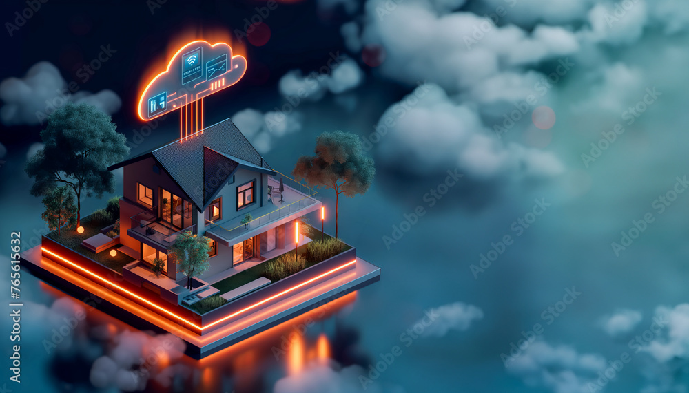 Isometric smart home connected to a cloud, representing IoT and cloud computing.