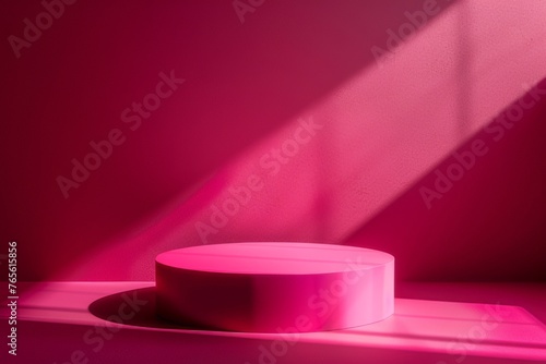 This product branding shot shows a cylindrical platform against a dark pink background. Realistic with natural light to create contrast