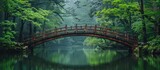 A bridge spanning across a body of water, surrounded by lush trees on both sides.